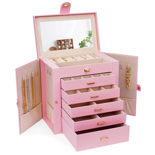 CARLA HOME 6-Layer Large Jewelry Box for Women withDrawers, Mirror, Lock, Necklace Hooks & Side Compartments for Rings, Earrings, Bracelets, Gifts (Pi