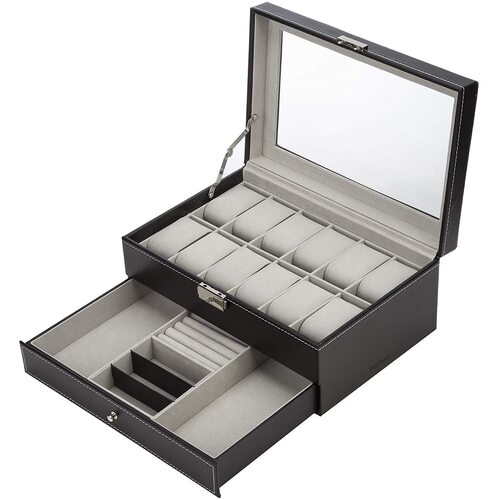 Black Leather Watch Box Jewelry Display Case with Drawers (12 Slots with 2 Layers)
