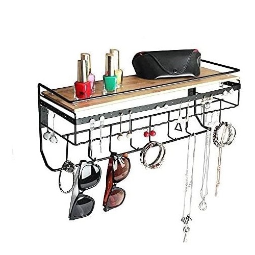 Wall Mount Hanging Jewelry Organizer with 9 Hooks (Black Metal)