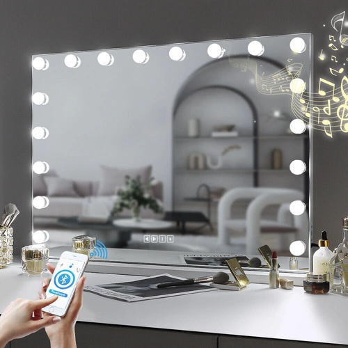 White Bluetooth Hollywood Mirror Rectangle Vanity Wall Light