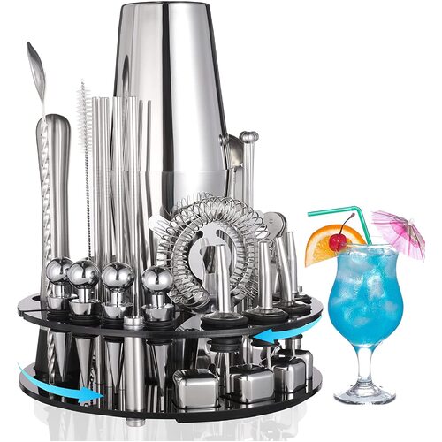 VIKUS 35 Pieces Cocktail Shaker Set Bartender Kit with Rotating 360 Display Stand and Professional Bar Set Tools