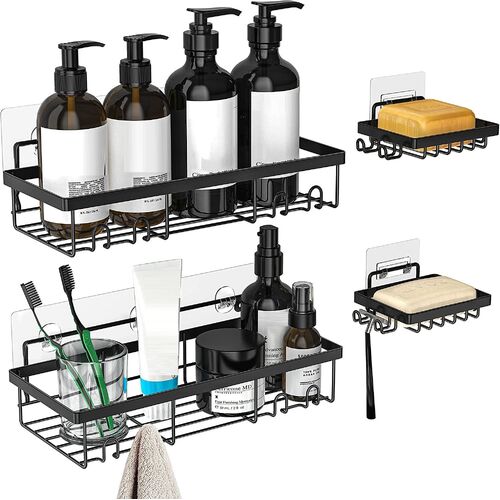 2 Pack Adhesive Stainless Steel Shower Caddy Shelf Organizer with 2 Soap Dishes for Bathroom