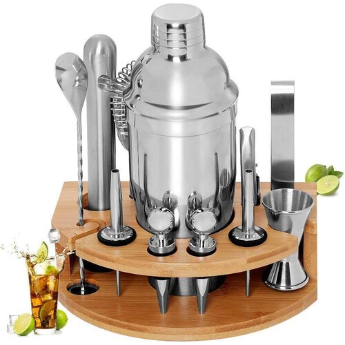 Cocktail Shaker Set Bartender Kit with Bamboo frame and 12 Pieces Stainless Steel Bar Tool Set