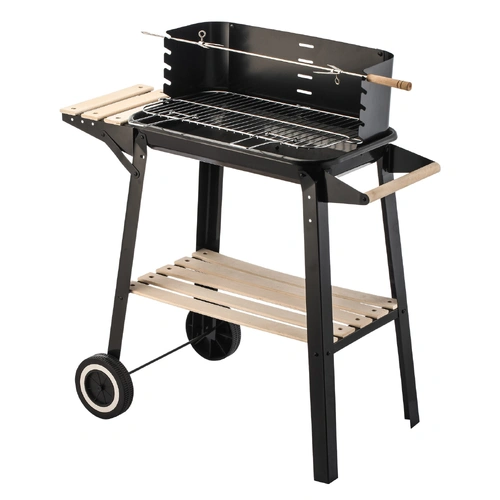 Charcoal Grill BBQ with Manual Rotisserie Stick on Trolley Stand