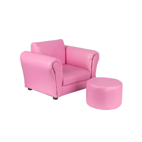 Kids Pink Couch Sofa Chair w/ Footstool in PU Leather