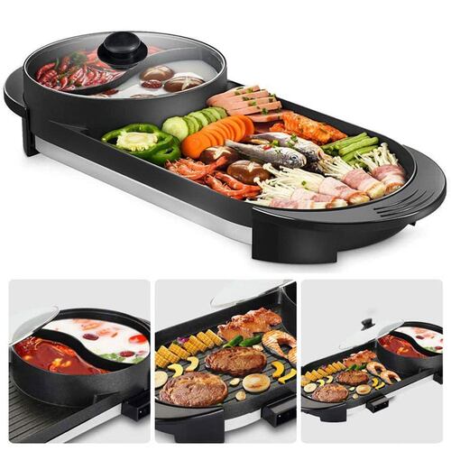 2-IN-1 Electric Hot Pot BBQ Oven Smokeless Non Stick Barbecue Hotpot Grill Pan