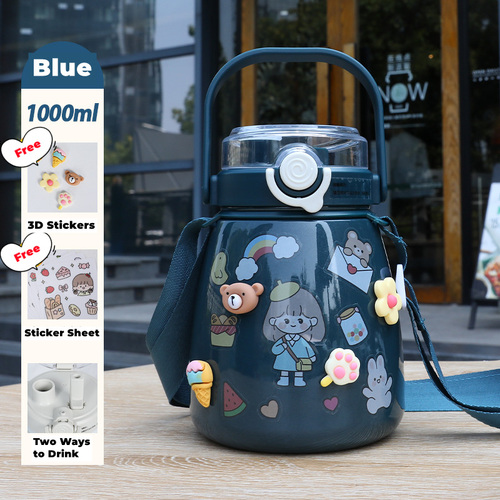 1000ml Large Water Bottle Stainless Steel Straw Water Jug with FREE Sticker Packs (Blue)