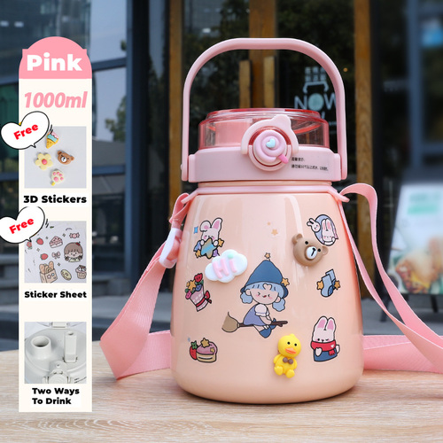 1000ml Large Water Bottle Stainless Steel Straw Water Jug with FREE Sticker Packs (Pink)