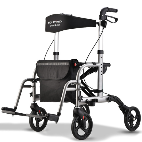 EQUIPMED 2-in-1 Folding Rollator Wheelchair Adjustable Mobility Walker w/ Park Brakes & Bag, Silver