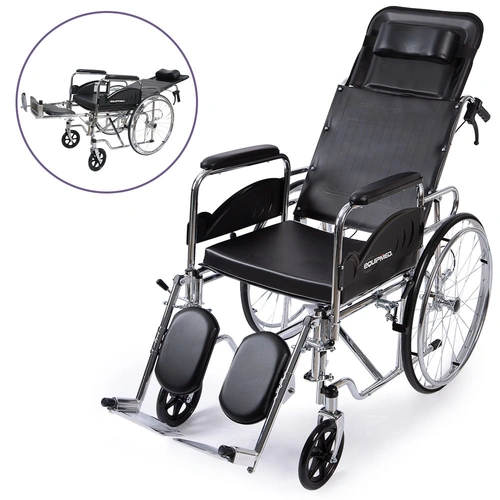 Equipmed Folding Manual Reclining Wheelchair Self Propelled, 24" Rear Wheels, Chrome Steel Frame, 46cm Wide Seat, 100kg Capacity, Park Brakes