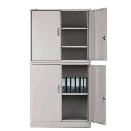 4-Door Steel Stationery Cabinet, Cam Locks, Shelves, Grey