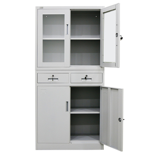 4-Door Lockable Steel Stationery Storage Cabinet, Display Windows, 2 Drawers, Grey