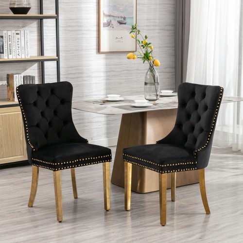 2x Velvet Dining Chairs with Golden Metal Legs-Black