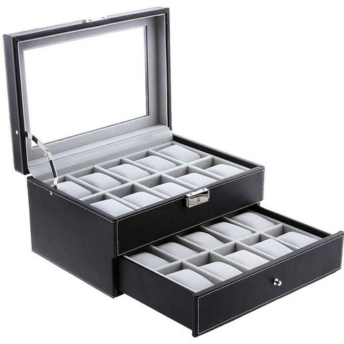 20-Slot Watch Box with Glass Lid 2 Layers Black Synthetic Leather Gray Lining