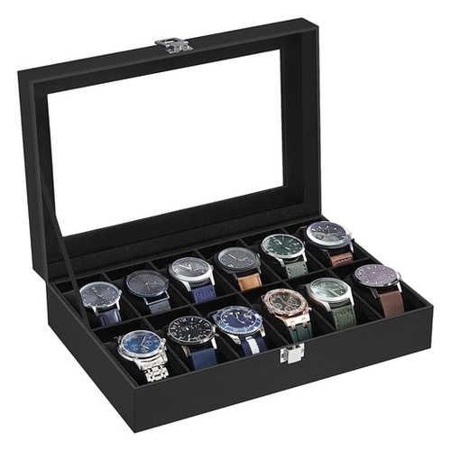 12-Slot Watch Box with Large Glass Lid and Removable Watch Pillows Black Lining