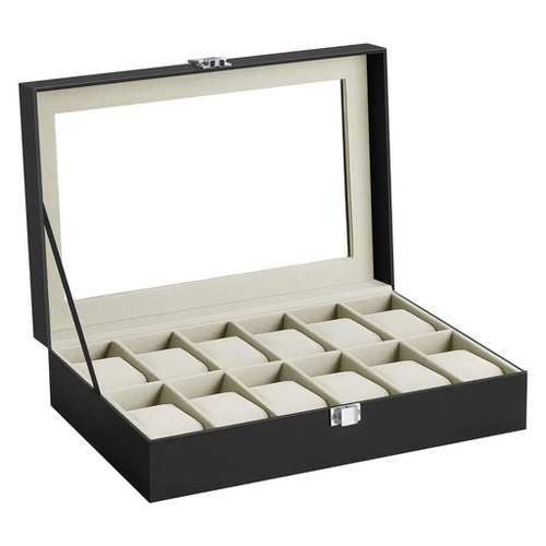 12 Slots Watch Box with Glass Lid and Removable Watch Pillows Beige Lining
