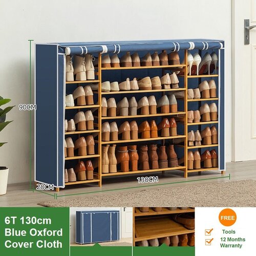 Blue Cover Six Tier Oxford Cloth Covered Tower Bamboo Wooden Shoe Rack Boot Shelf Stand Storage Organizer