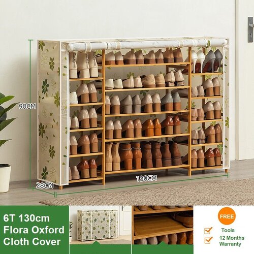 Flora Cover Six Tier Oxford Cloth Covered Tower Bamboo Wooden Shoe Rack Boot Shelf Stand Storage Organizer