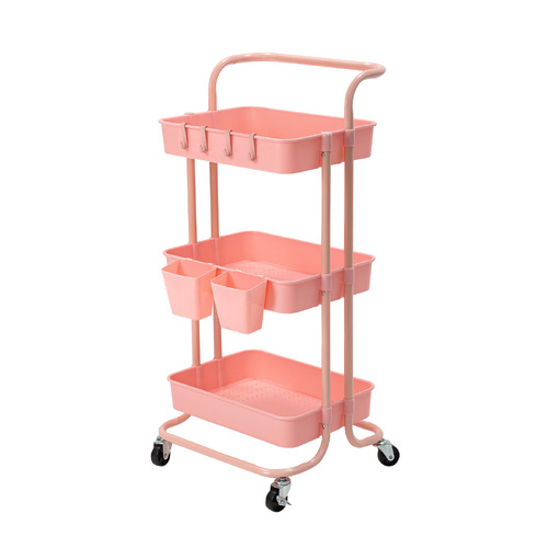 Kandoka 3 Tier Pink Trolley Cart Storage Utility Rack Organiser Swivel Kitchen