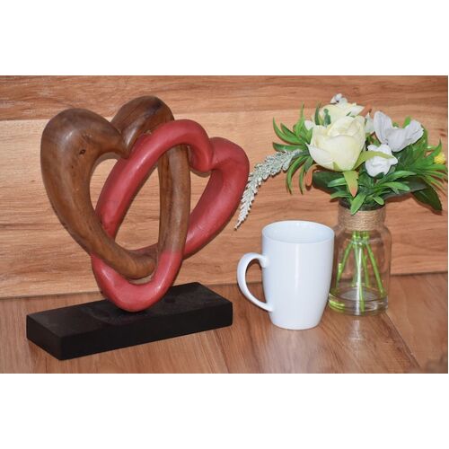 Heart Love Wood Carving Wood Sculpture Acacia Wooden Statue Heart in red 22cm