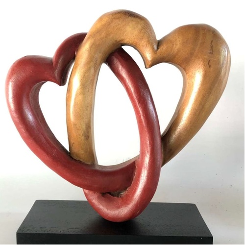 Heart Love Wood Carving Wood Sculpture Acacia Wooden Statue Heart in red 22cm