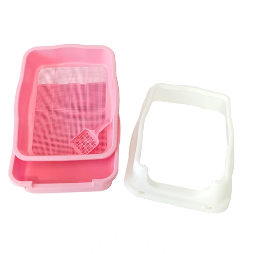 Large Deep Cat Kitty Litter Tray High Wall Pet Toilet Grid Tray With Scoop Pink