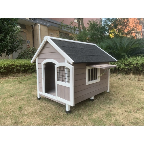 L Timber Pet Dog Kennel House Puppy Wooden Timber Cabin With Stripe Grey
