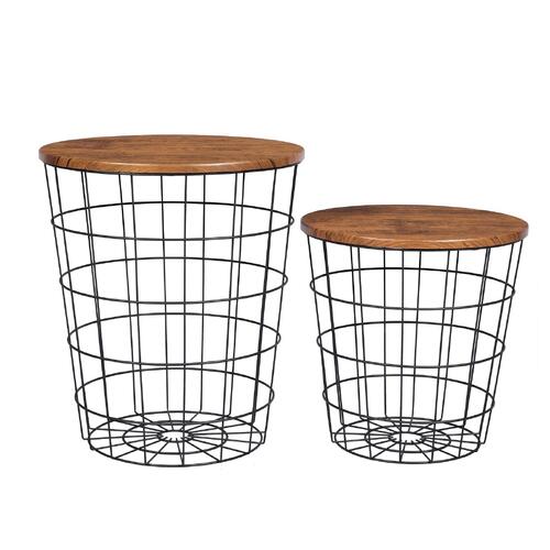 Vintage Round Coffee Tables Set of 2 Side Tables Robust Steel Frame for Living Room Bedroom Rustic Brown and Black