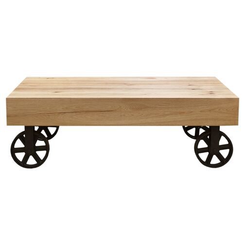 120cm Coffee Table Trolley Wheel Veneer Solid Oak Top Metal Leg - Natural