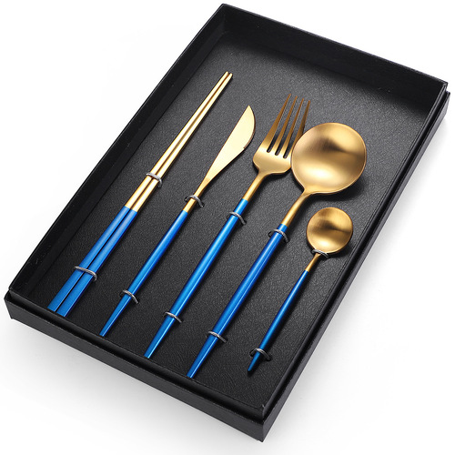 5-Piece Stainless Steel Blue Color Set, Knife Fork Spoon Flatware Set Cutlery Set
