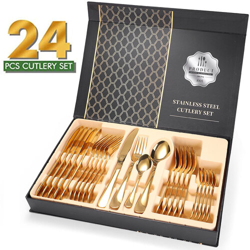 24-Piece Stainless Steel Gold Set, Knife Fork Spoon Flatware Set Cutlery Set, Mirror Finish