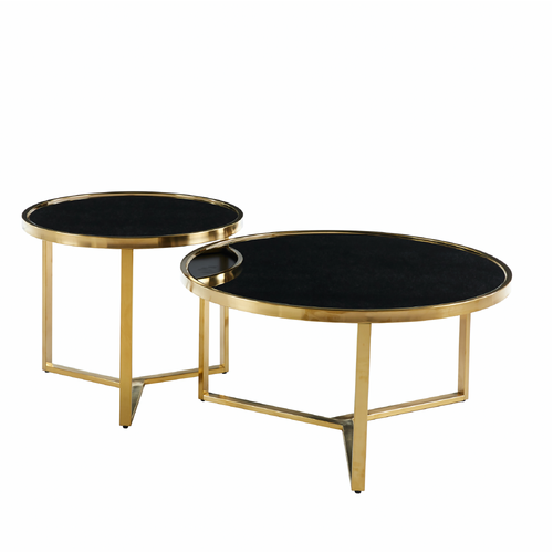 Designer Giselle Black Glass & Brushed Gold Coffee Table Set