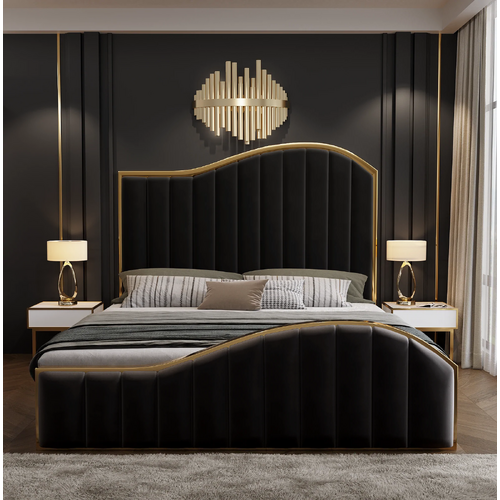 King Size Black Velvet Fabric Golden Metal Storage Elegant Luxury Bedframe