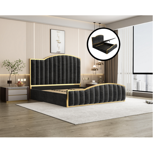 Maclean Luxury King Size Velvet Fabric Storage Bedframe Golden Trim-Black