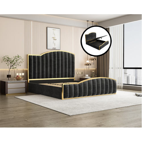 King Size Elegant Luxury Bedframe with Gas Lift Storage Black Velvet Fabric Golden Trim