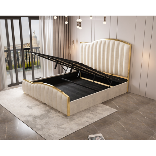 Elegant Luxury King Size Bedframe in Beige with Gas Lift Storage Velvet Fabric Golden Trim