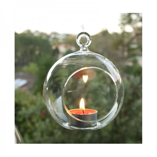 4 x Hanging Clear Glass Ball Tealight Candle Holder  - 8cm Diameter / High - Wedding Globe Decoration Terrarium Succulent Plant Mini Garden Holder Dec