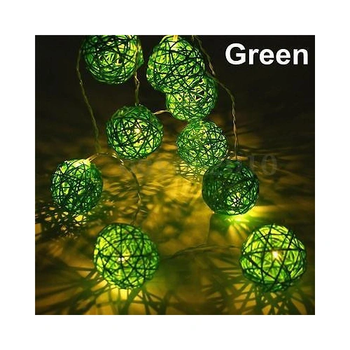 1 Set of Green 5cm Rattan Cane 20 Ball Battery Powered 3m String Lights Christmas Gift Home Wedding Party Bedroom Decoration Table Centrepiece