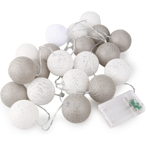 1 Set of 20 LED Grey White 5cm Cotton Ball Battery Powered String Lights Gift Home Wedding Party Bedroom Decoration Outdoor Indoor Table Centrepiece