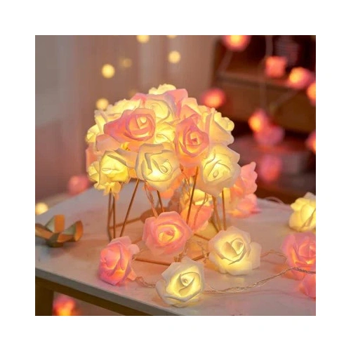 50 Pink n White Rose 3D Fairy Lights 5M LONG String, Battery (AA) Indoor & Outdoor Decorations Wedding Valentines Romantic Room Table Lighting