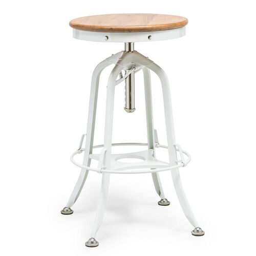 White Bar Stool Hamptons Style Height Adjustable and Swivel with Natural Wood Top