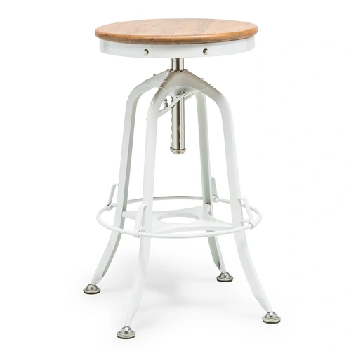White Bar Stool Hamptons Style Height Adjustable and Swivel with Natural Wood Top