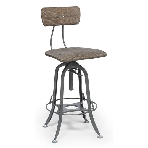 Industrial Swivel Height Adjustable Grey Oak Wood Bar Stool Chair with Back