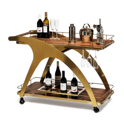 French Brass Wooden Serving Drinks Trolley Bar Cart