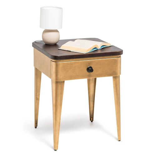 Burtonsville Modern Bedside Table in Brass Finish with Storage Drawer and Wood Top
