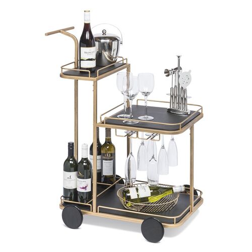 Black and French Brass Wooden 3-Tier Bar Cart Drinks Trolley