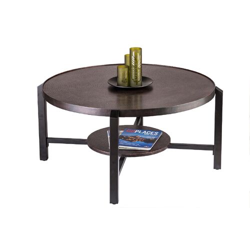 Black Round Coffee Table with Storage Shelf in Copper Finish Top