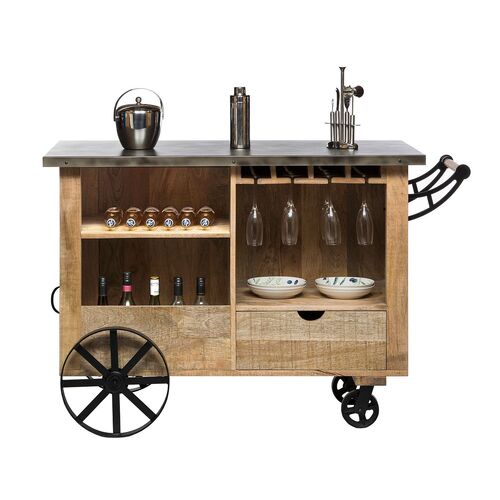 Large Industrial Style Wooden Bar Cart Drinks Trolley with Handle