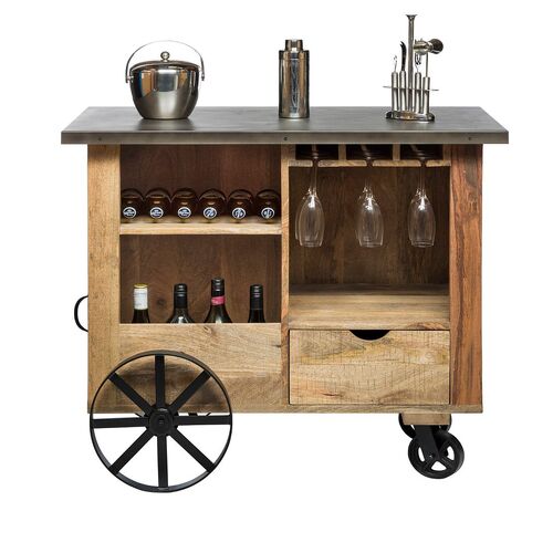 Industrial Style Wooden Bar Cart Drinks Trolley