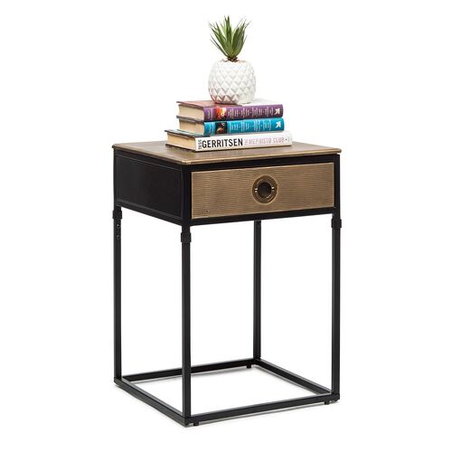 Dobbs Black Bedside Table with Storage Drawer and Gold Finished Textured Top